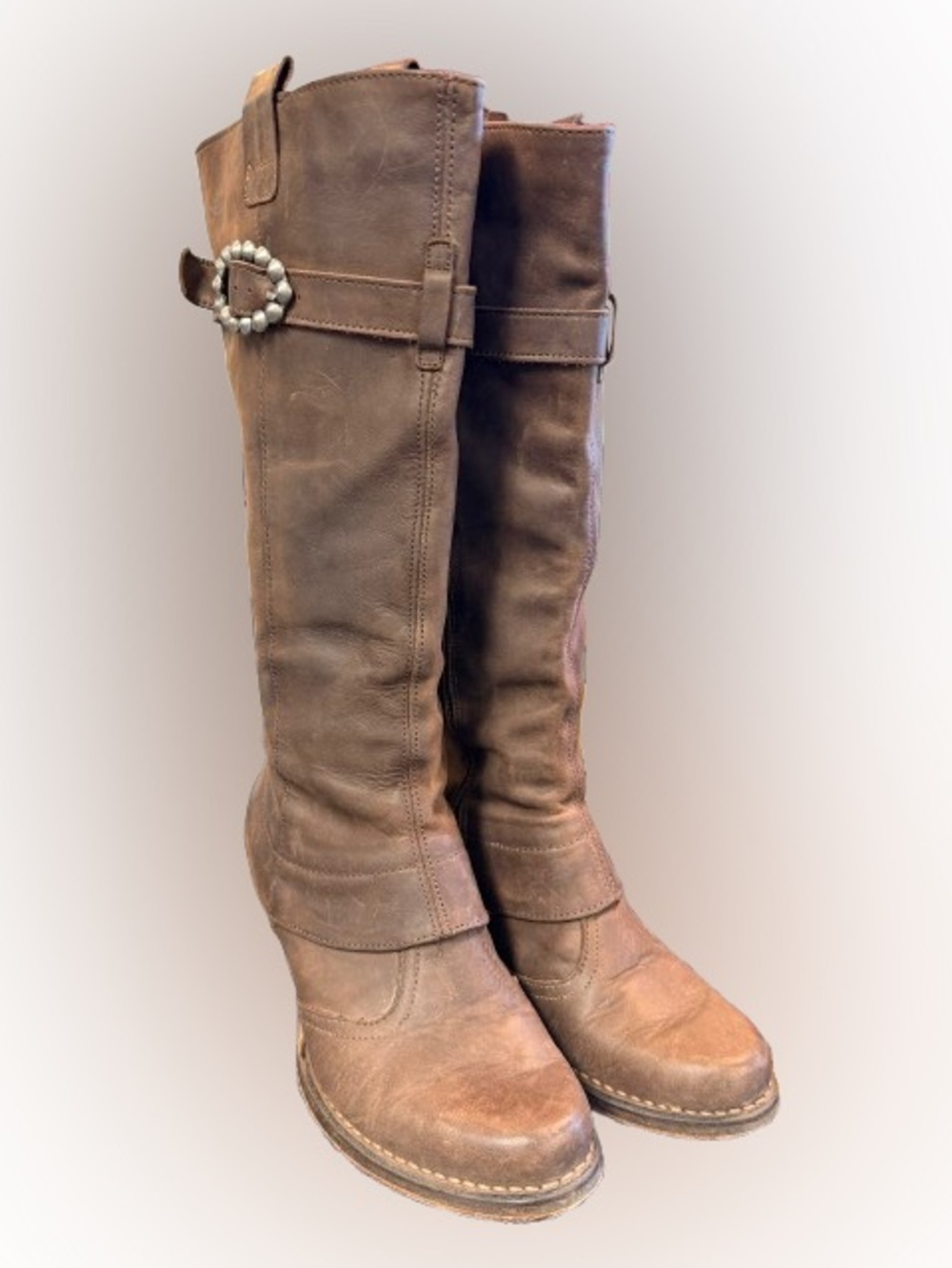 Boho Distressed Leather Tall Riding Boots Brown Buckle Rustic Fall Size US 7.5-8